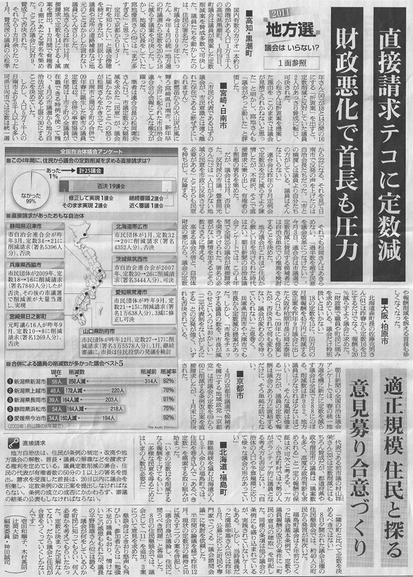 2011年２月１３日、議員定数に関する記事－朝日新聞